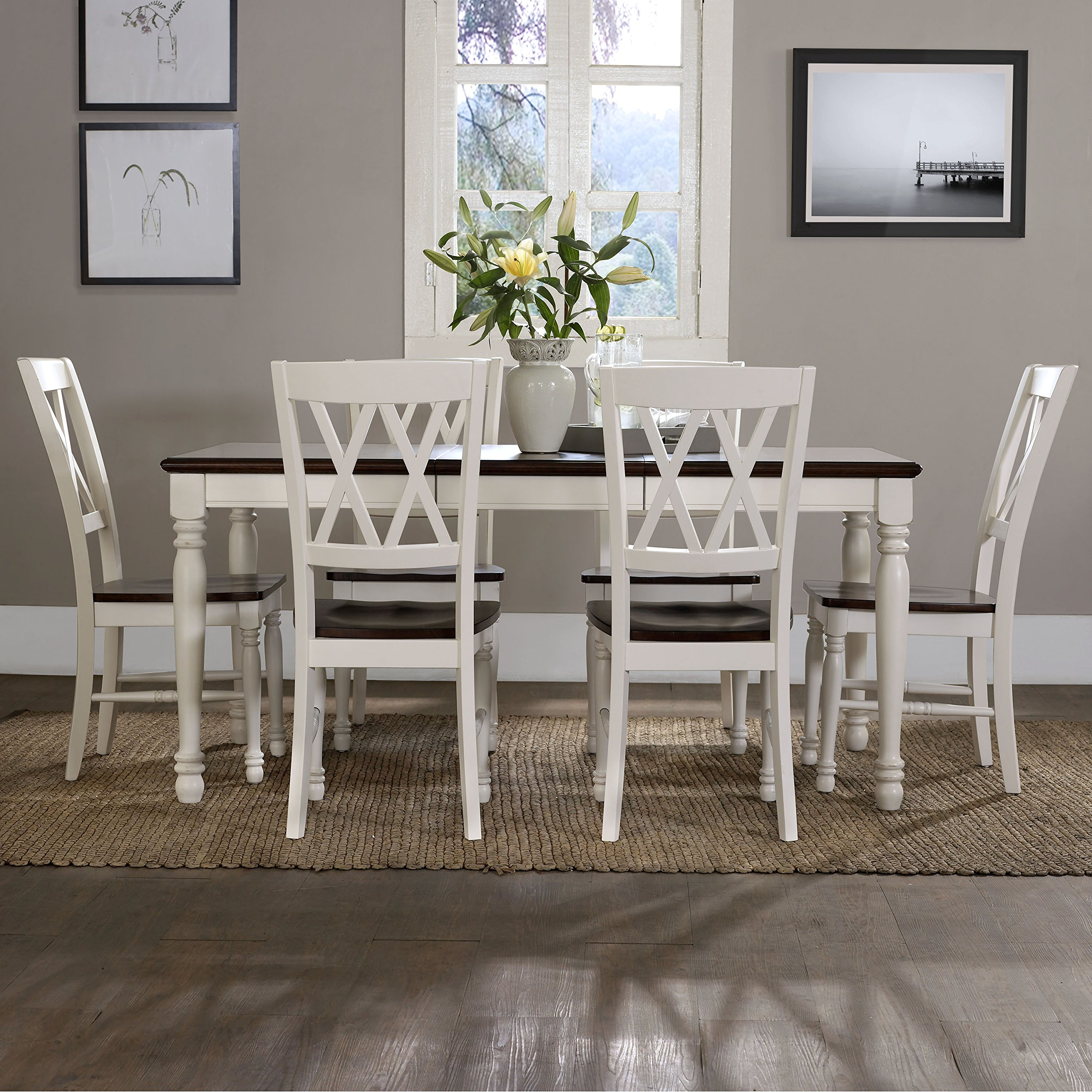 【Furniture】Shelby Dining Set with Table & Extension Leaf, 7-Piece (6 Chairs), Distressed White