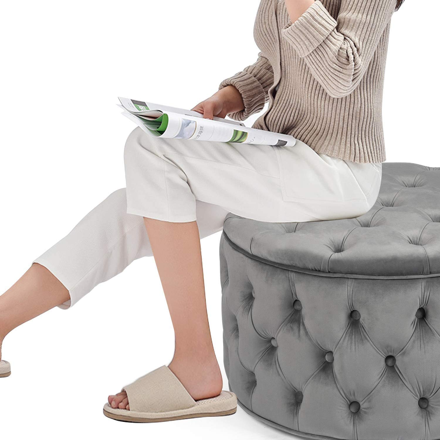 【Furniture】Homebeez Round Velvet Storage Ottoman, Button Tufted Footrest Stool Coffee Table