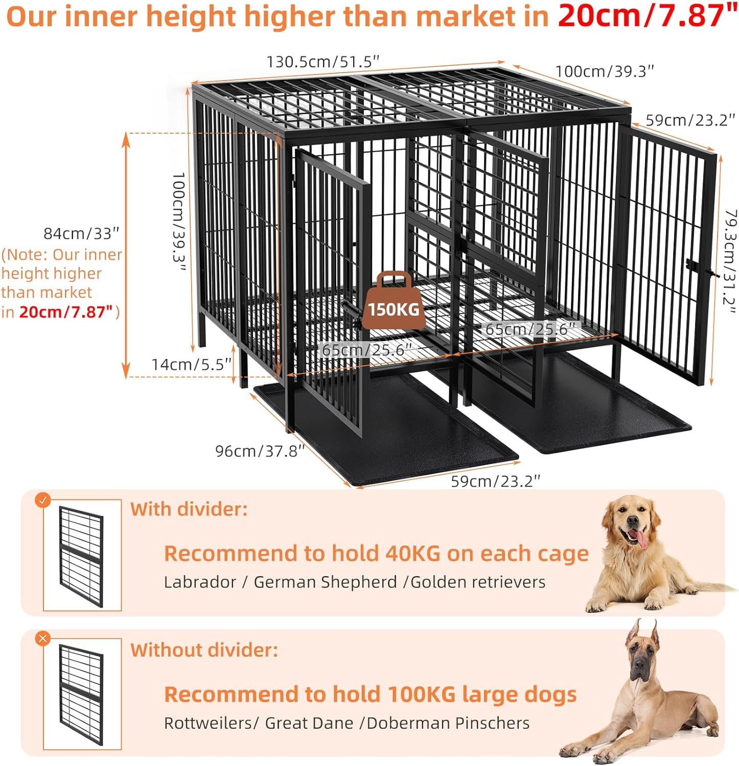 52 Inch Extra Large Huge Metal Pet Cage with Removable Divider Panel - Indoor Higher Inner Space Doggy Playpen Kennel with Two Doors and Trays for Small Medium Large Dogs
