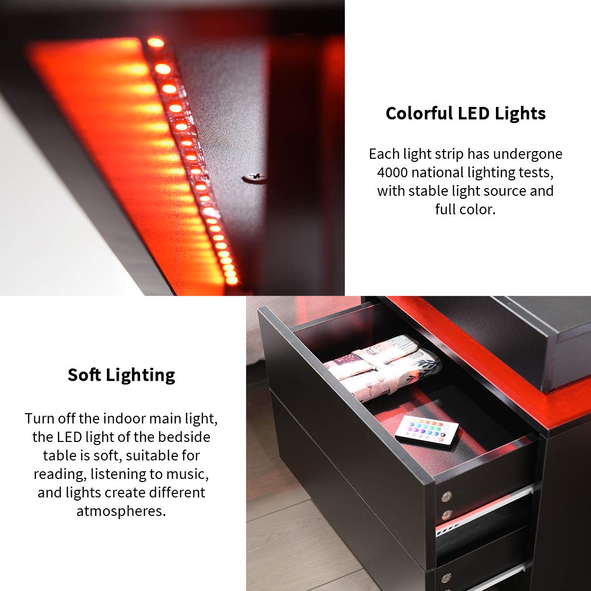 【Furniture】Nightstand Set of 2 LED Nightstand with 2 Drawers, Bedside Table with Drawers for Bedroom Furniture