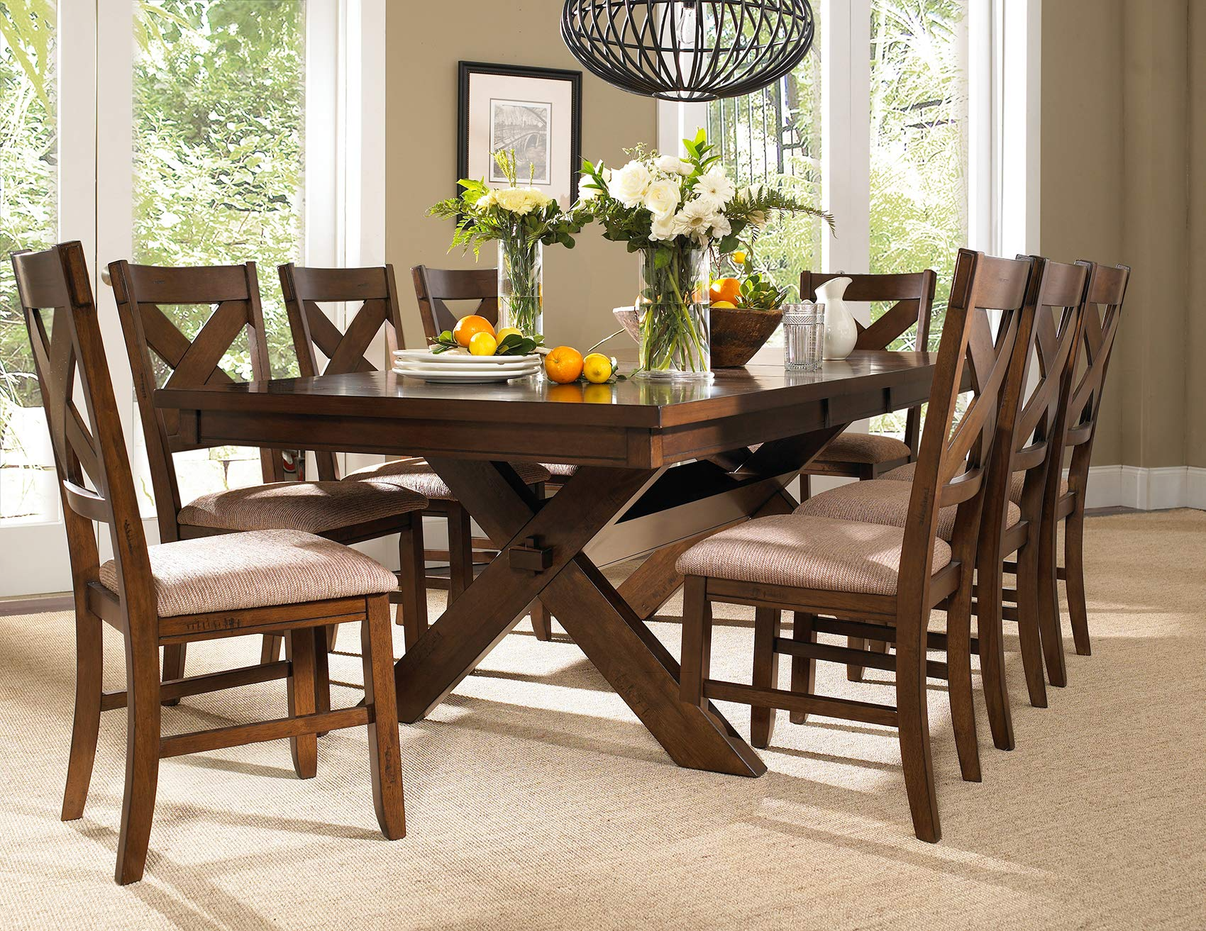 【Furniture】9-Piece Solid Wood Dining Set with Table & 8 Chairs