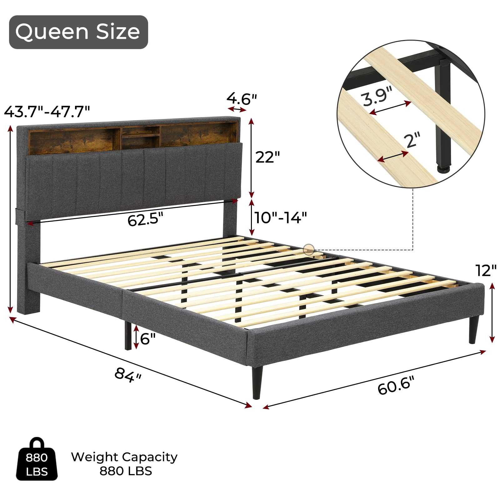 【Furniture】Queen Bed Frame with USB Ports and Outlets, Upholstered Platform Bed with Storage Headboard
