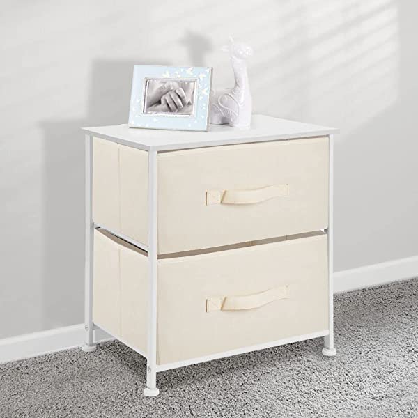 mDesign Storage Dresser End/Side Table Night Stand Furniture Unit - Small Standing Organizer for Bedroom, Office, Living Room, and Closet - 2 Drawer Removable Fabric Bins - Gray/White Grey