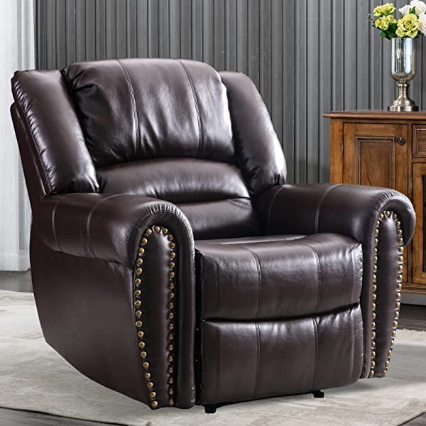 CANMOV Leather Recliner Chair, Classic and Traditional Manual Recliner Chair with Comfortable Arms and Back Single Sofa for Living Room, Nut Brown