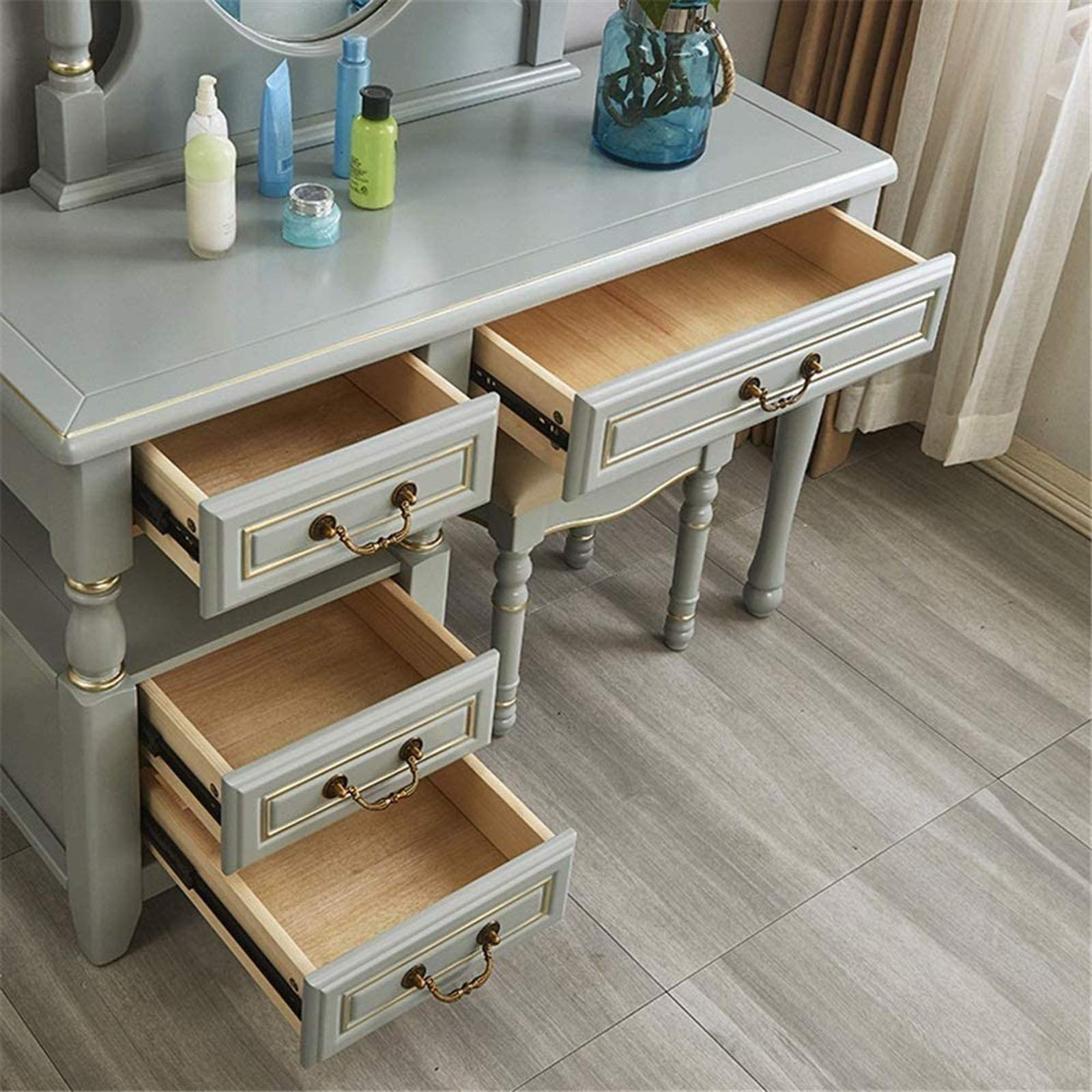 【Furniture】Dressing Table Bedroom Vanity Table Set, Makeup Table with Oval Mirror, Stool & 4 Drawers