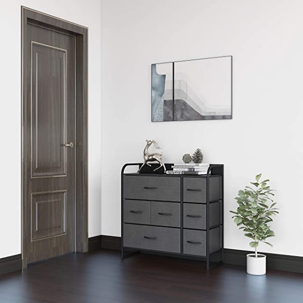 7 Drawer Dresser Organizer Fabric Storage Chest for Bedroom, Hallway, Entryway, Closets, Nurseries. Furniture Storage Tower Sturdy Steel Frame, Wood Top, Easy Pull Handle Textured Print Drawers