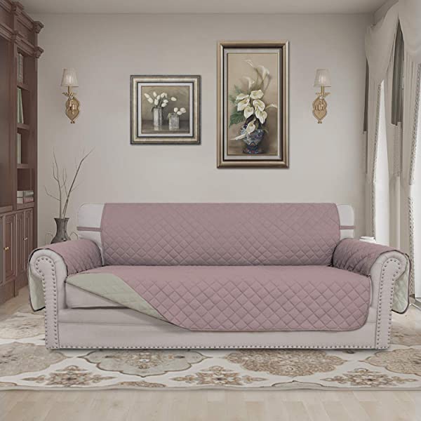 Easy-Going 4 Seater Sofa Slipcover Reversible Sofa Cover Water Resistant Couch Cover with Foam Sticks Elastic Straps Furniture Protector for Pets Kids Children Dog Cat(88'', Pink/Beige)