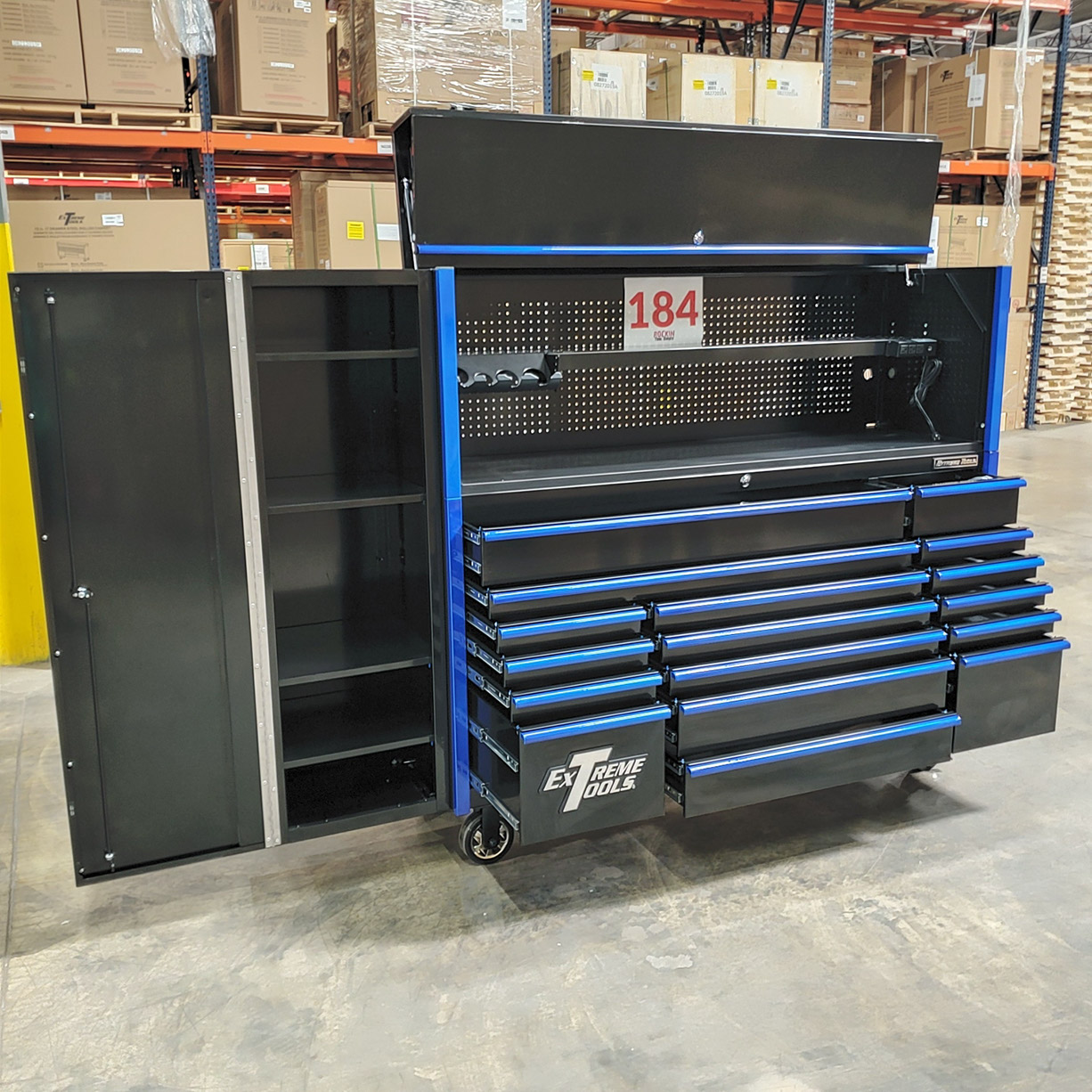 used toolboxScratch & Dent, Extreme Tools DX Series 72 x 21 Triple Bank Roller, Hutch & Side Locker Combo in Black-Blue