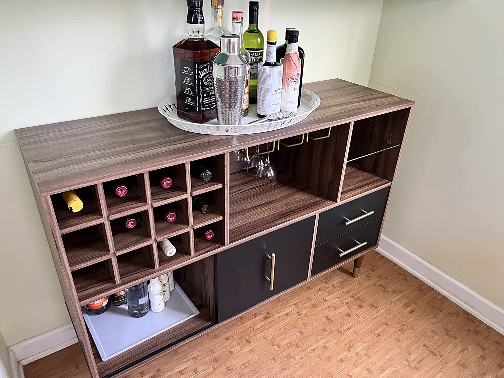 【Furniture】Accent Kitchen Buffet Sideboard with Storage, Wood Cabinet Server Cupboard with 12 Wine Bottle Rack