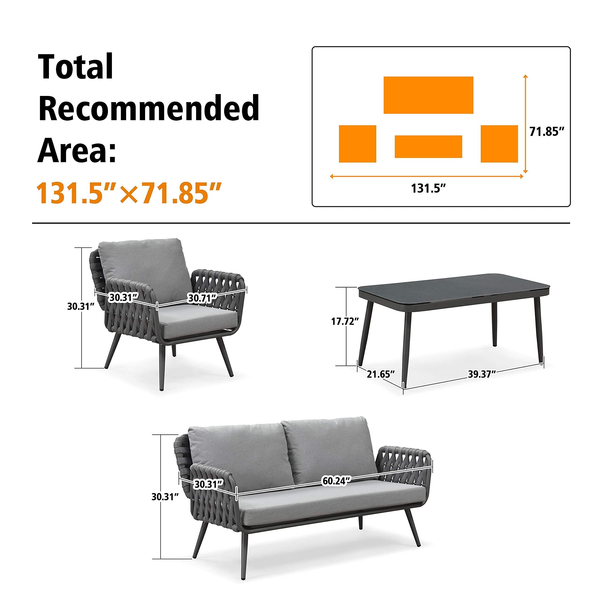 【Furniture】Patio Conversation Set 4 Pcs Aluminum Frame Rope Outdoor Furniture with Coffee Table & Cushions