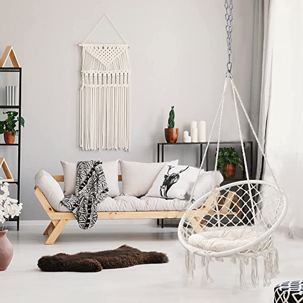 HBlife Hammock Chair, Hanging Swing with Macrame and Cushion, Max 330 Lbs, Beige Hanging Cotton Rope Chair for Indoor, Outdoor, Bedroom, Patio, Yard, Deck, Garden, Porch