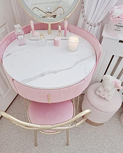 【Furniture】Velvet Dressing Table with LED Mirror in Pink
