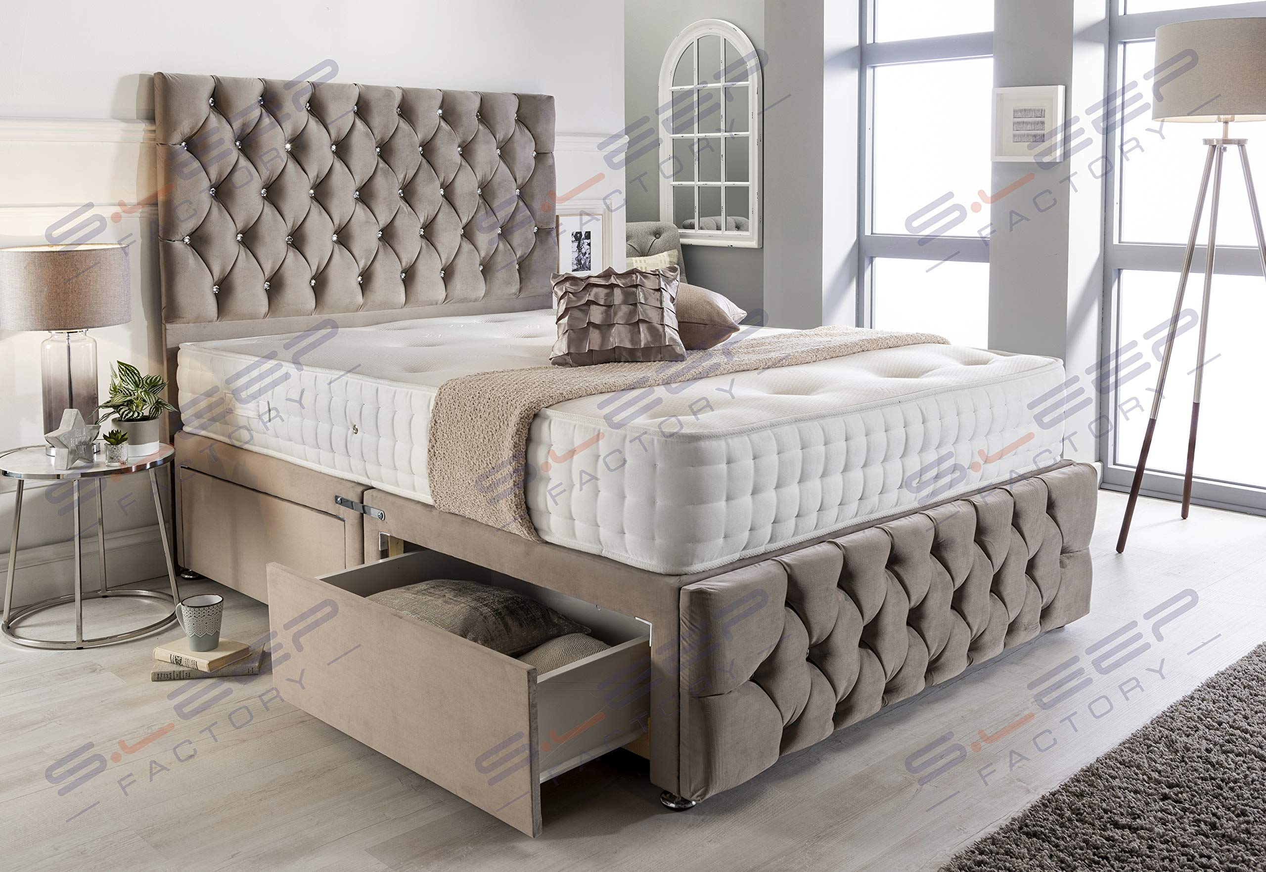 【Furniture】Pebble Plush Velvet Chesterfield 2 Drawer Divan Bed Set, Mattress & Headboard
