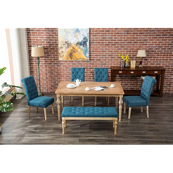 Roundhill Furniture Habitanian 6-Piece White Wash Dining Set with Tufted Chairs and Bench, Beige