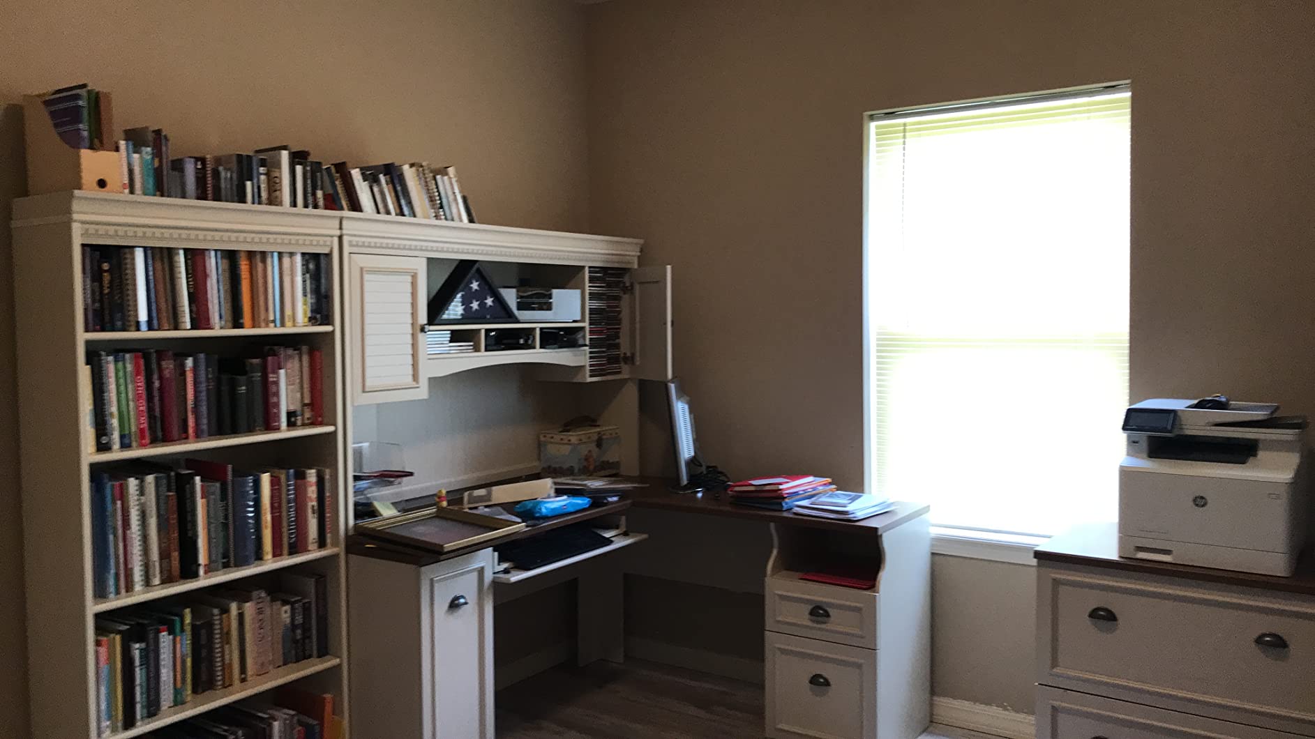 【Furniture】Fairview L Shaped Desk with Hutch, Bookcase and Lateral File Cabinet in Antique White