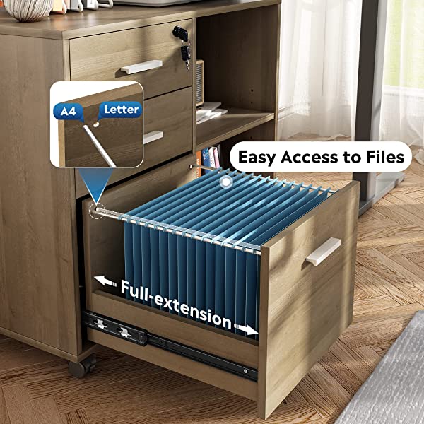 DEVAISE 3-Drawer Wood File Cabinet with Lock, Mobile Lateral Filing Cabinet, Printer Stand with Open Storage Shelves for Home Office, Black