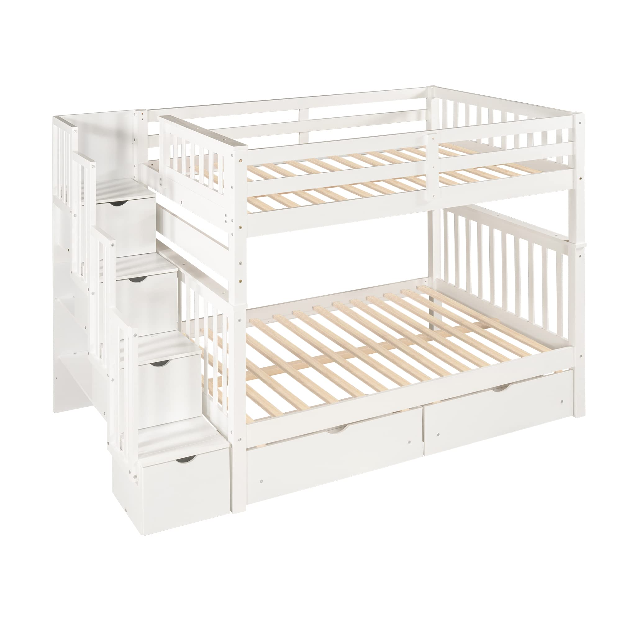 【Furniture】Full Over Full Bunk Bed with Shelves, Stairway Bunk Bed Full Size with 6 Storage Drawers