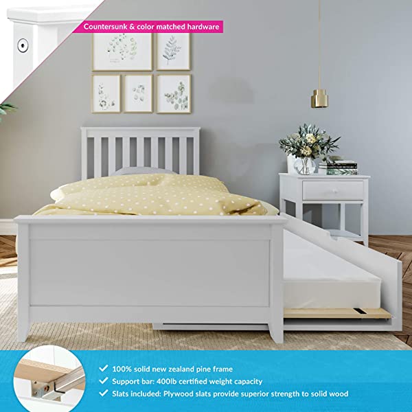 Max & Lily Twin Bed with Trundle, White White Bed with Trundle