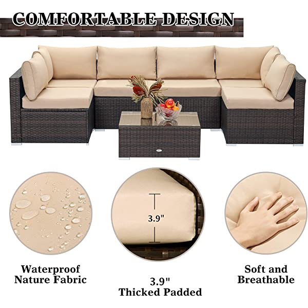 LayinSun 7 Piece Patio Furniture Sets, Outdoor Sectional Patio Conversation Set Wicker Rattan Sofa Chair Set with Cushion and Glass Table Beige