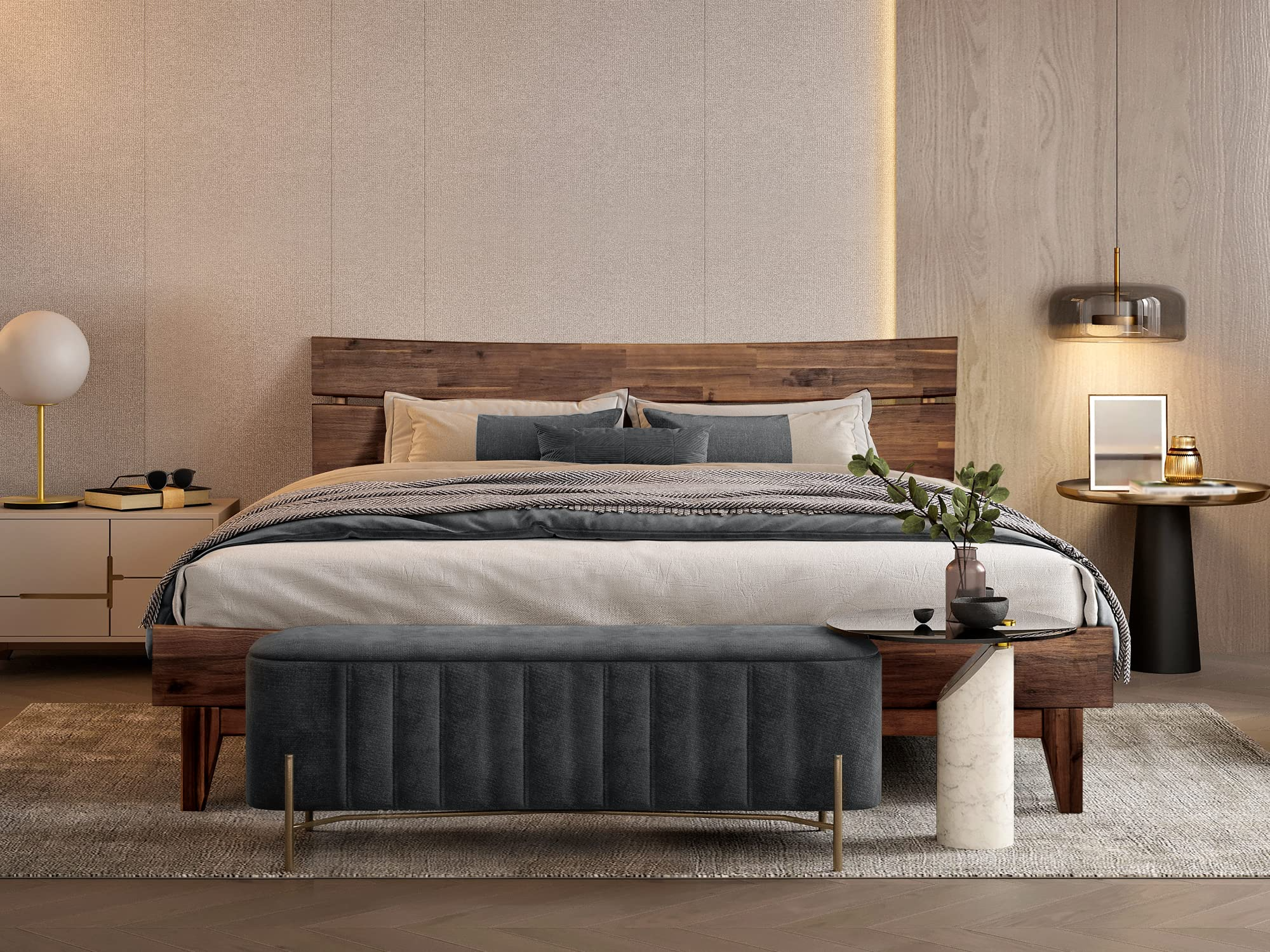 【Furniture】Acacia Aurora 14 Inch Wood Platform Bed, Bed Frame with Headboard, King Size