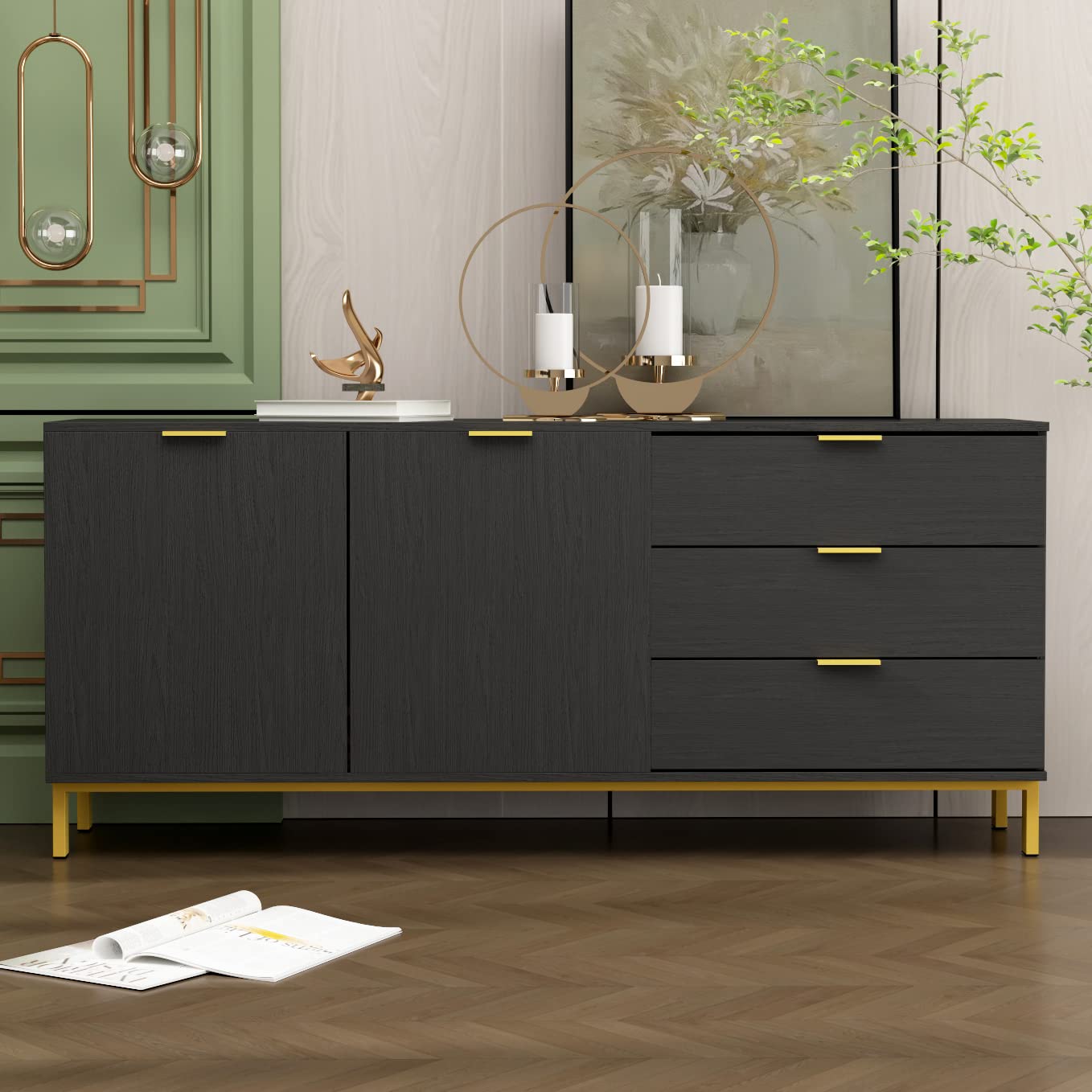 【Furniture】Buffet Sideboard with 3 Drawers & 2 Doors Storage, Buffet Cabinet Sideboard Credenza Coffee Bar Cabinet