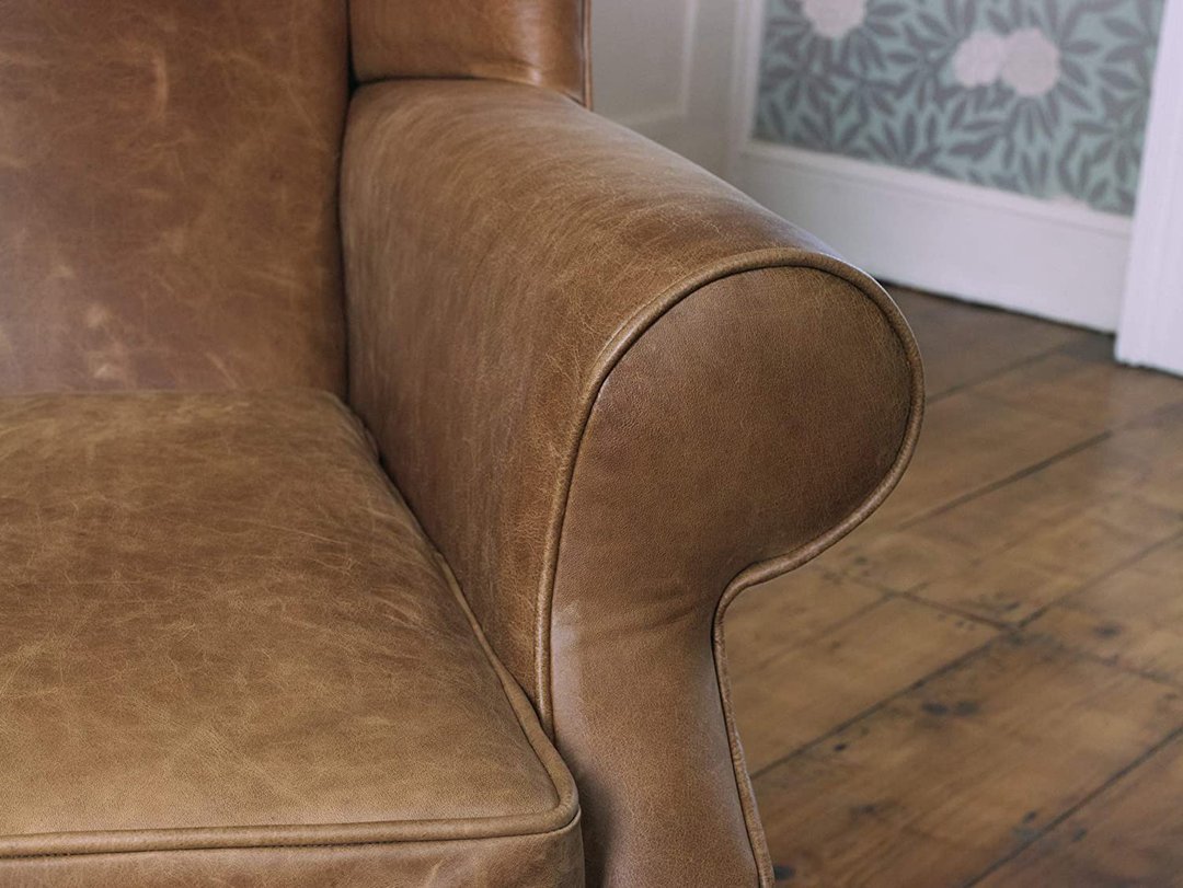 Pair of Chesterfield armchairs Queen Anne high back in vintage tan leather