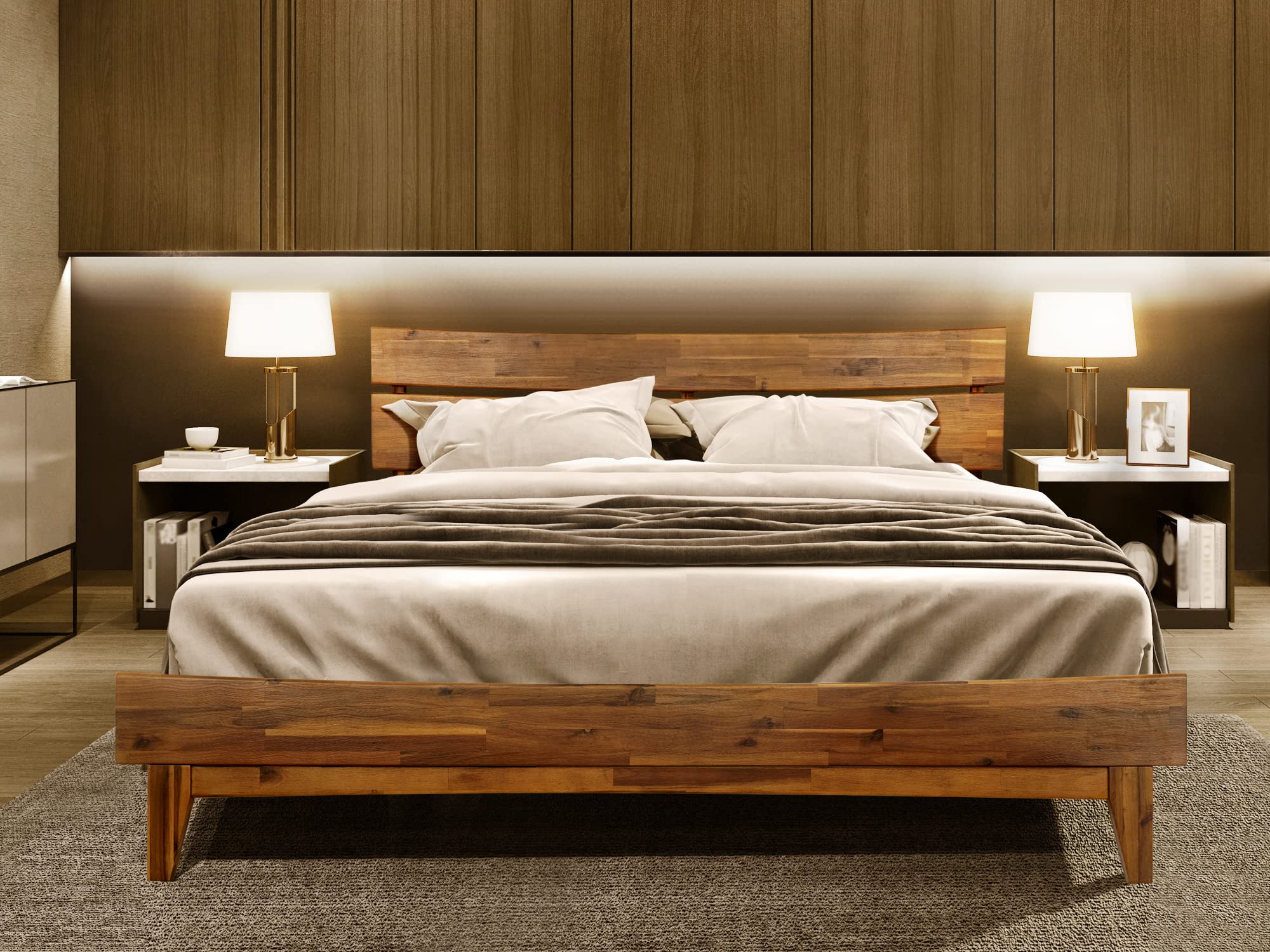【Furniture】Acacia Aurora 14 Inch Wood Platform Bed, Bed Frame with Headboard, King Size
