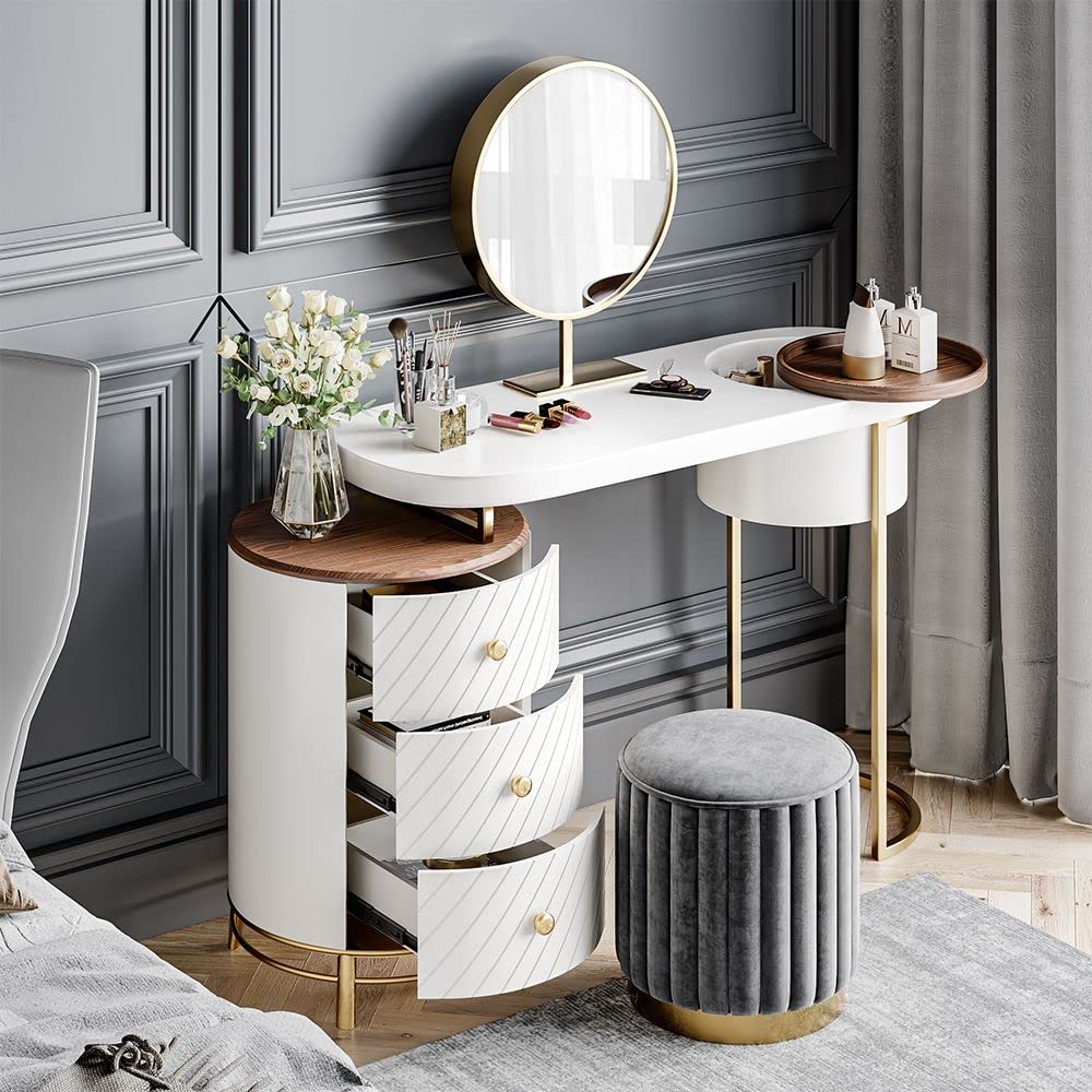 【Furniture】Modern Makeup Vanity Table with LED Lighted Mirror, Dressing Table with Movable Tray Top, 43