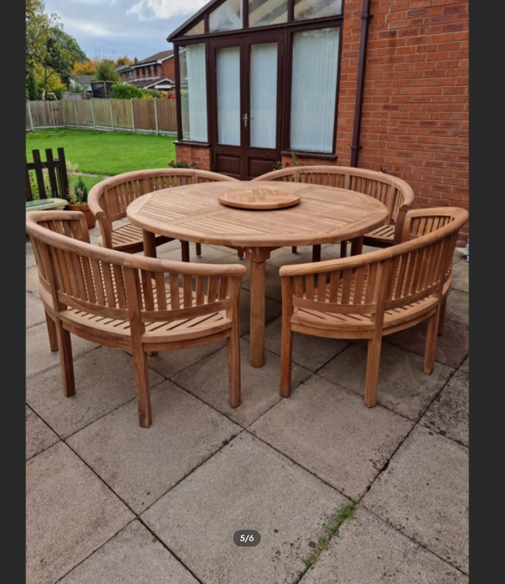 Teak garden dining set. 1.8m “Titan” round table, 4 bowwood style seats