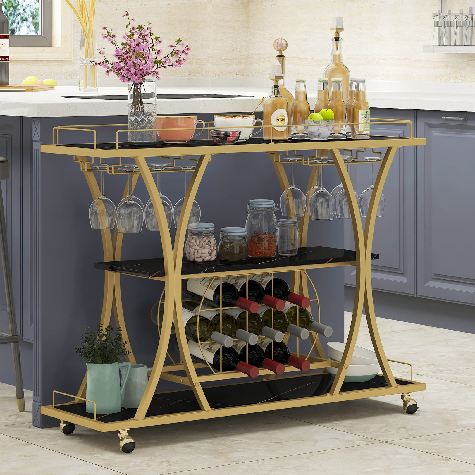 【Furniture】Bar Serving Cart with Glass Holder and Wine Rack, 3-Tier Kitchen Trolley, Mobile Wine Cart for Home