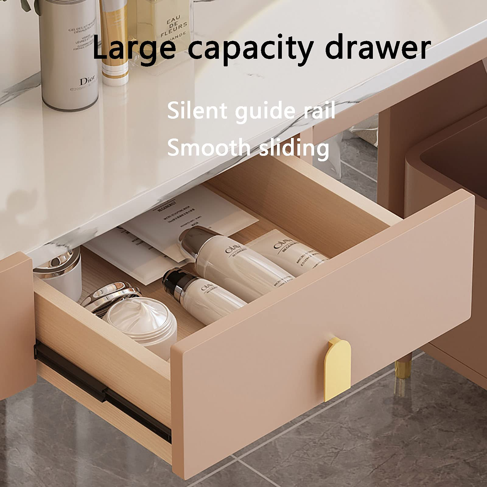 【Furniture】Light Luxury Vanity Set, Makeup Dressing Table with Mirror, 5 Large Drawers & Cushioned Stool