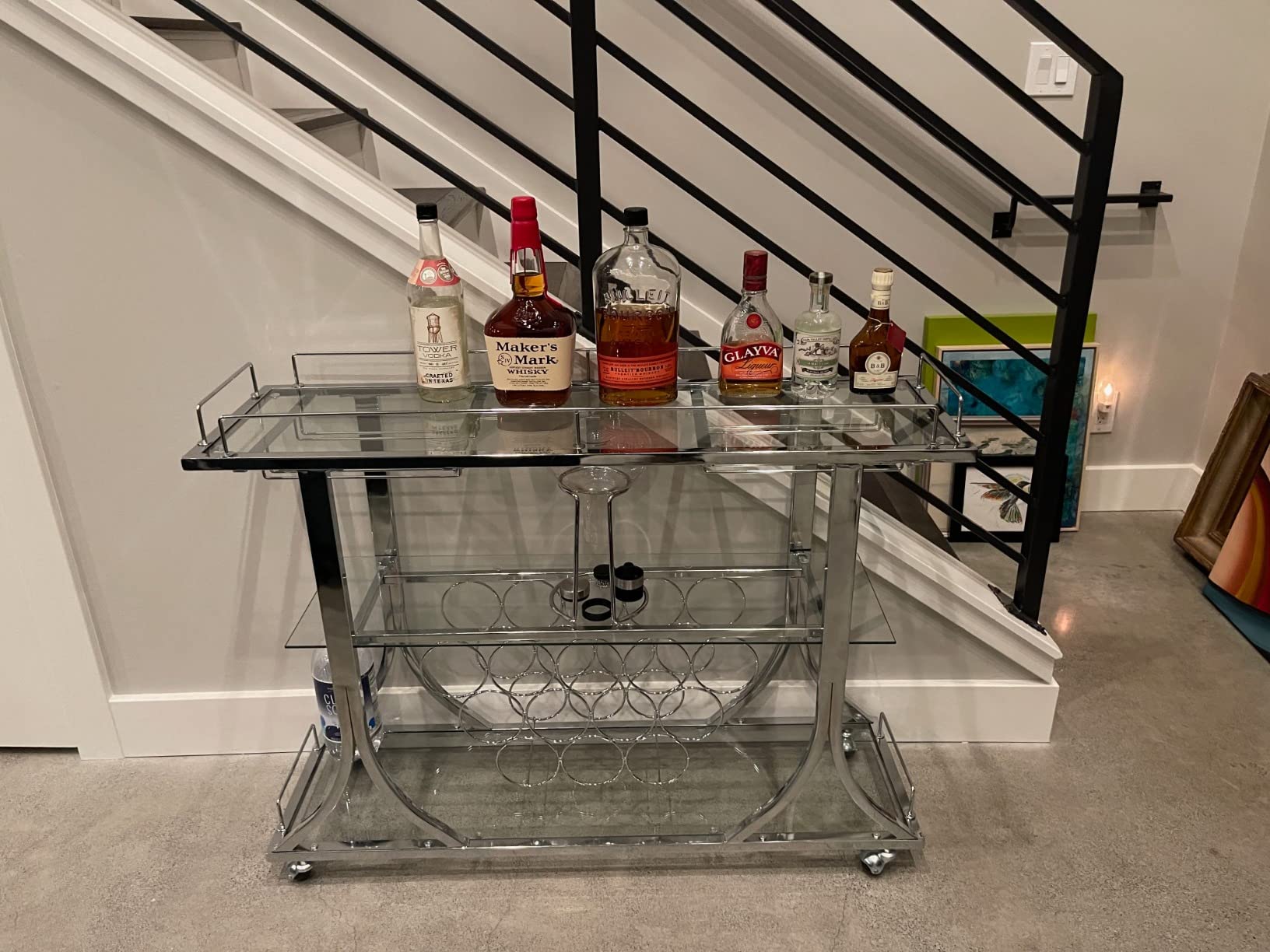 【Furniture】Bar Serving Cart with Glass Holder and Wine Rack, 3-Tier Kitchen Trolley, Mobile Wine Cart for Home