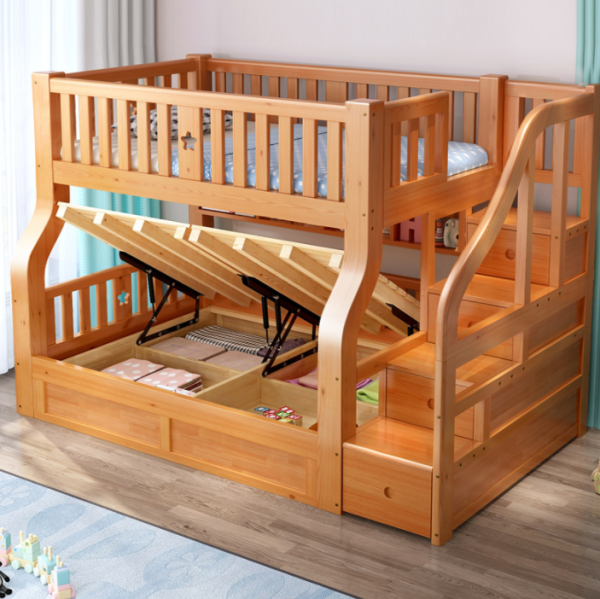 Dylan children's bunk bed with guardrail and ladder, wooden double bed