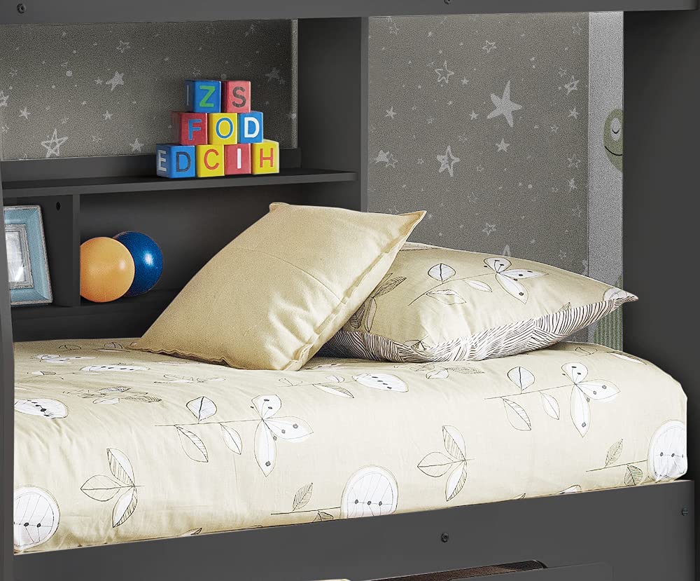 【Furniture】Wooden Bunk Bed with Underbed Storage Drawer, Modern Twin Sleeper with 2 Pocket Sprung Mattresses