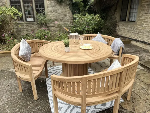 Teak Garden Furniture Round Table 150cm with 3 Bowood Benches