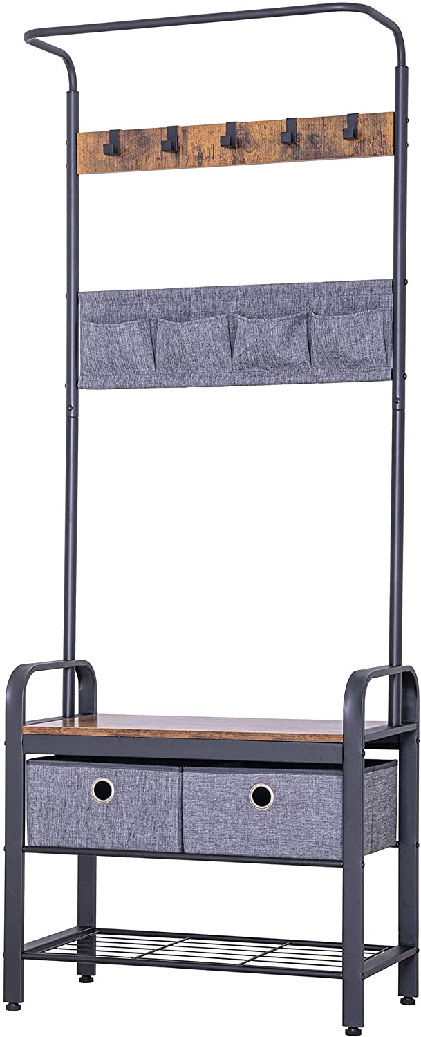 Sunnyglade retro coat rack 3 in 1 hall tree entrance passage coat rack, wood grain furniture metal frame