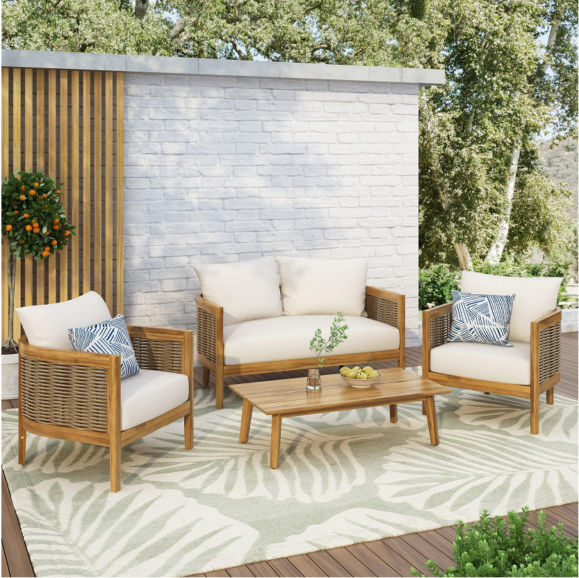 【Furniture】Burchett Outdoor 4 Pcs Chat Set - Acacia Wood and Wicker - Teak/Mixed Brown/Beige
