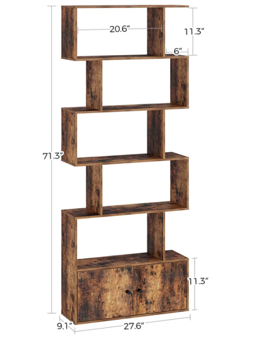 Rolanstar Bookshelf with Doors, 6-Tier Bookcase with Cabinet, Freestanding Bookshelves Storage Display Cabinet, Rustic Wood Bookshelf for Living Room, Bedroom, Home Office