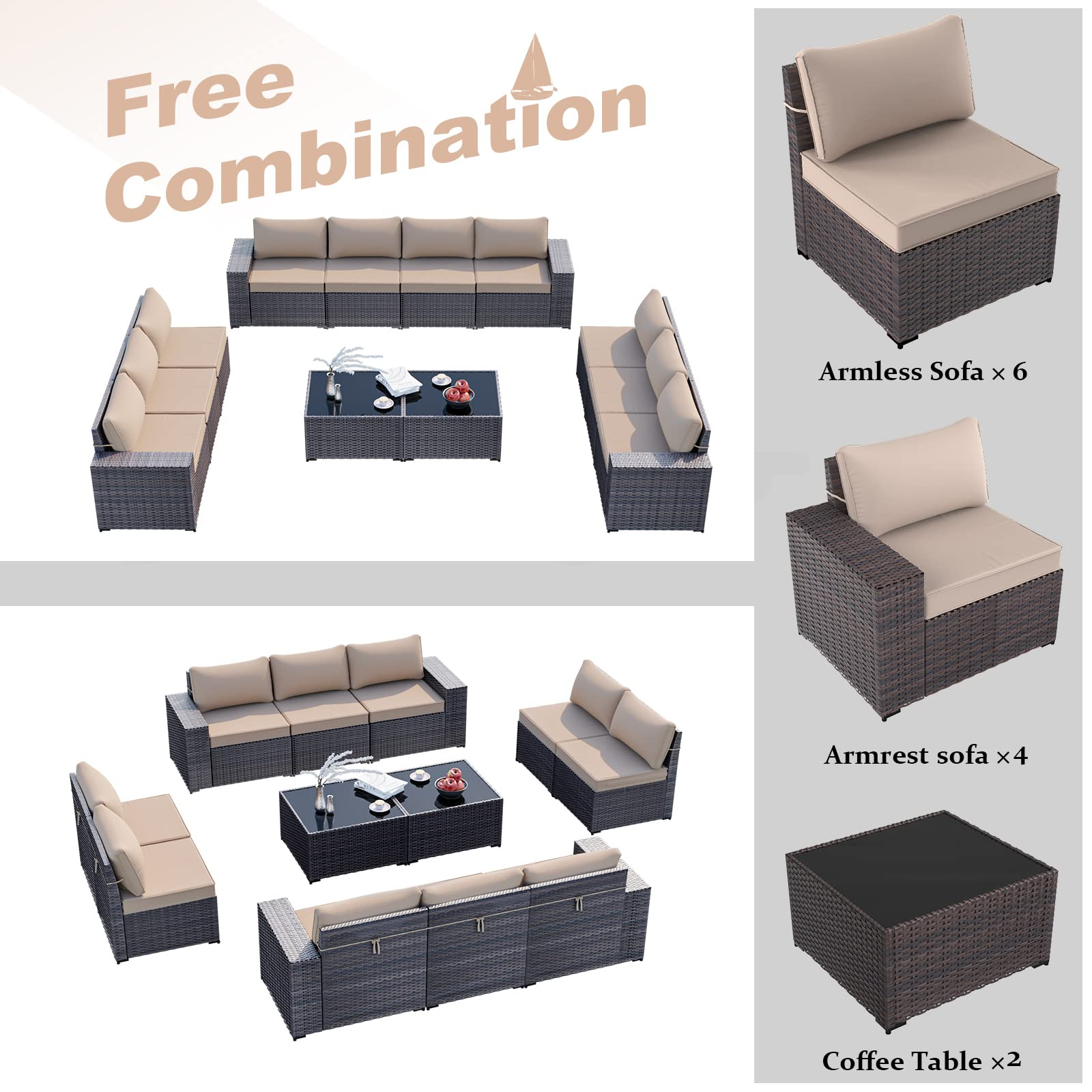 【Furniture】12 Pcs Outdoor Patio Furniture Set Sectional Sofa Sets Brown PE Rattan Patio Conversation Set
