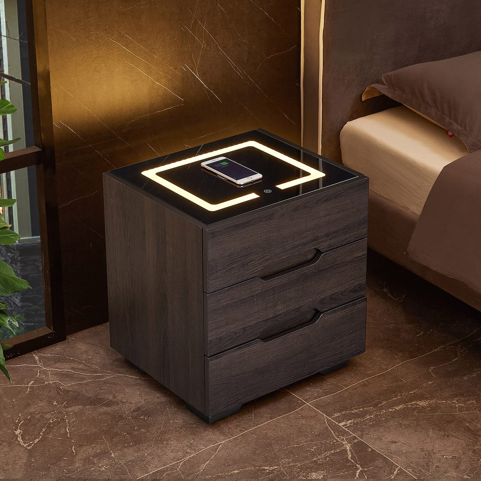 【Furniture】Nightstands Wireless Charging Station and LED Lights, Modern End Side Table with 3 Drawer