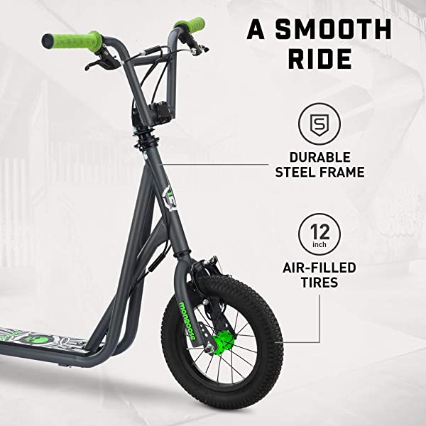 Mongoose Expo Youth Scooter, Front and Rear Caliper Brakes, Rear Axle Pegs, 12-Inch Inflatable Wheels, Non Electric Green/Grey
