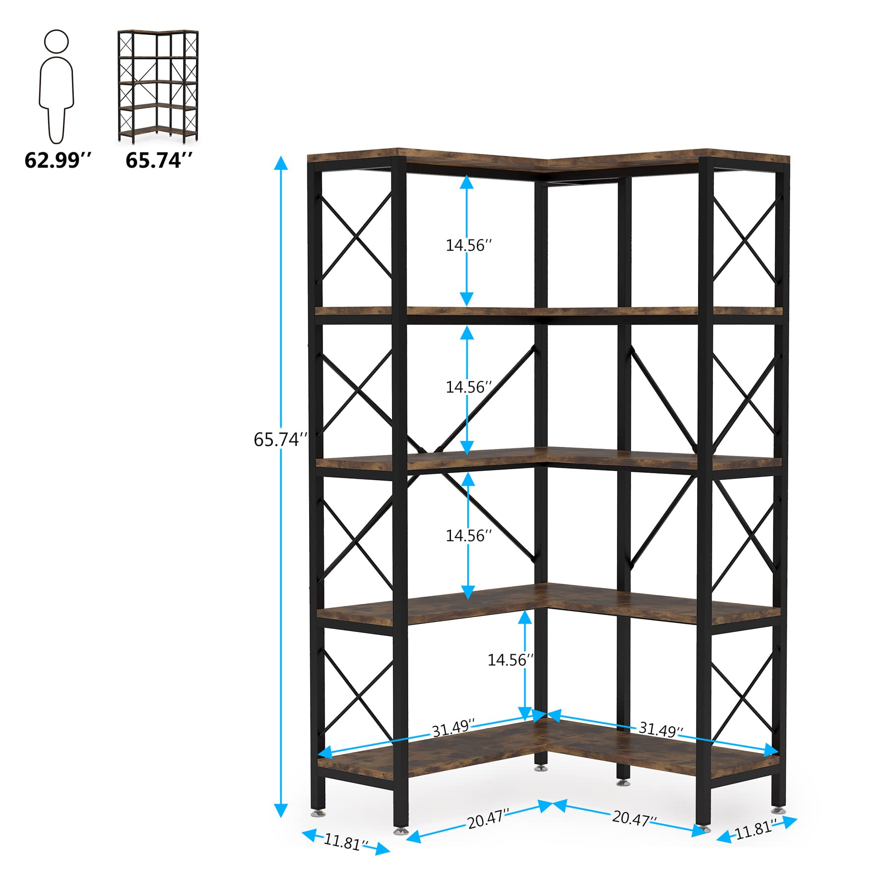 【Furniture】5-Shelf Corner Bookshelf, Large Modern Corner Bookcase, 5-Tier Tall Corner Shelf Storage Display Rack