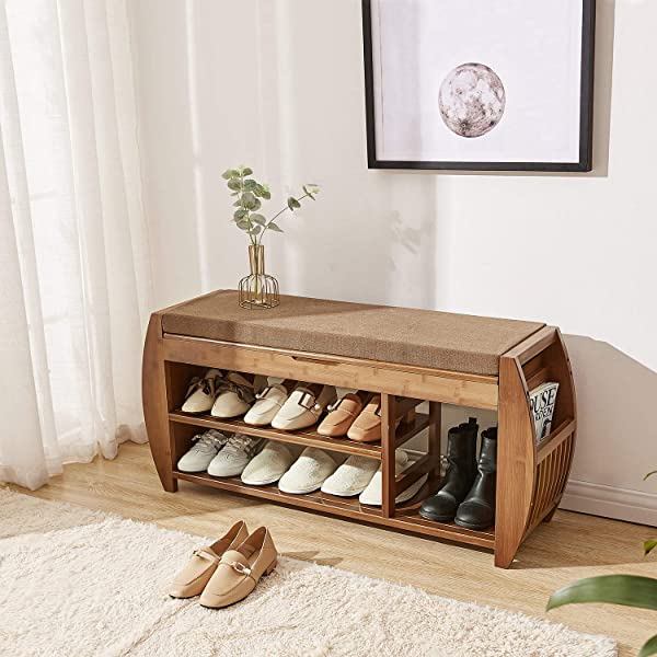Bamboo Shoe Rack & Shoe Bench, Entryway Storage Organizer, Multi Function for Hallway Bathroom Living Room Corridor and Garden, Detachable Cushion with Hidden Storage Compartment 40.1×11.2×18.3