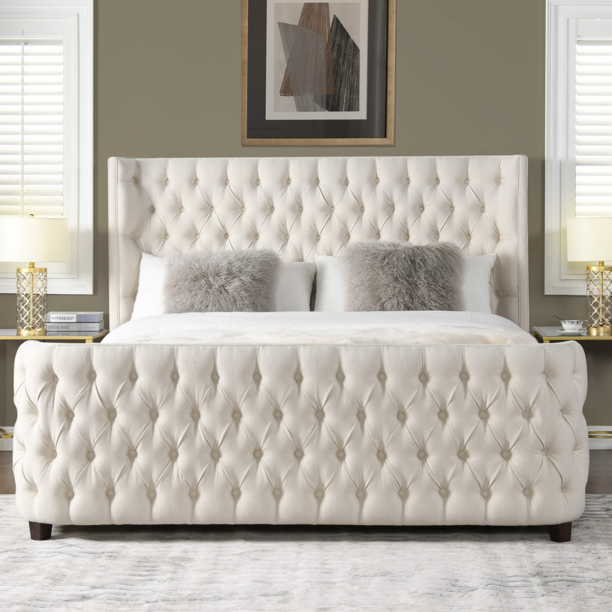 【Furniture】Tufted Panel Bed Headboard and Footboard Set, King, Light Beige