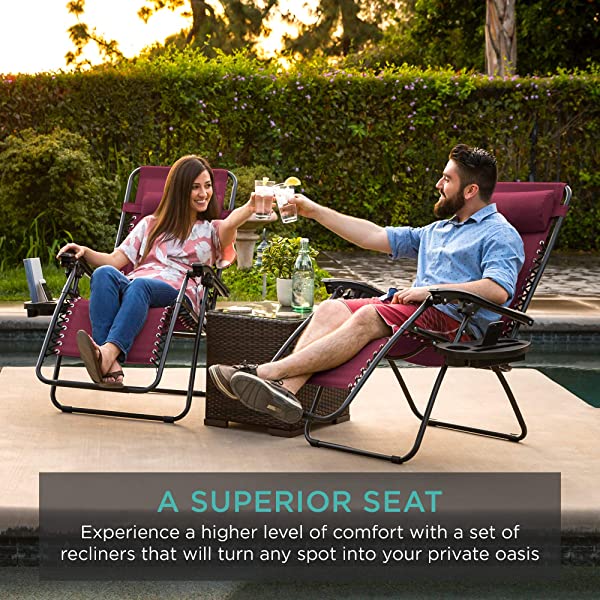 Best Choice Products Set of 2 Adjustable Steel Mesh Zero Gravity Lounge Chair Recliners w/Pillows and Cup Holder Trays - Burgundy