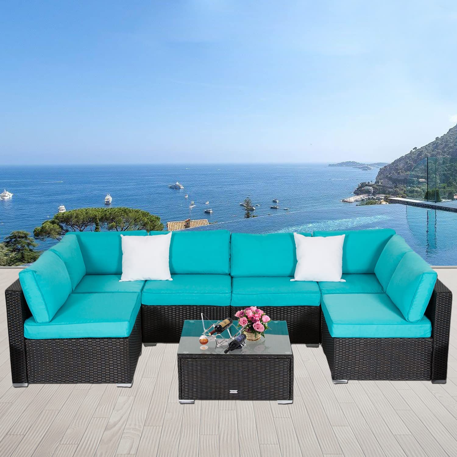 【Furniture】Outdoor Furniture Set, 7 Pcs Sectional Patio Furniture, PE Rattan Coversation Sofa Set
