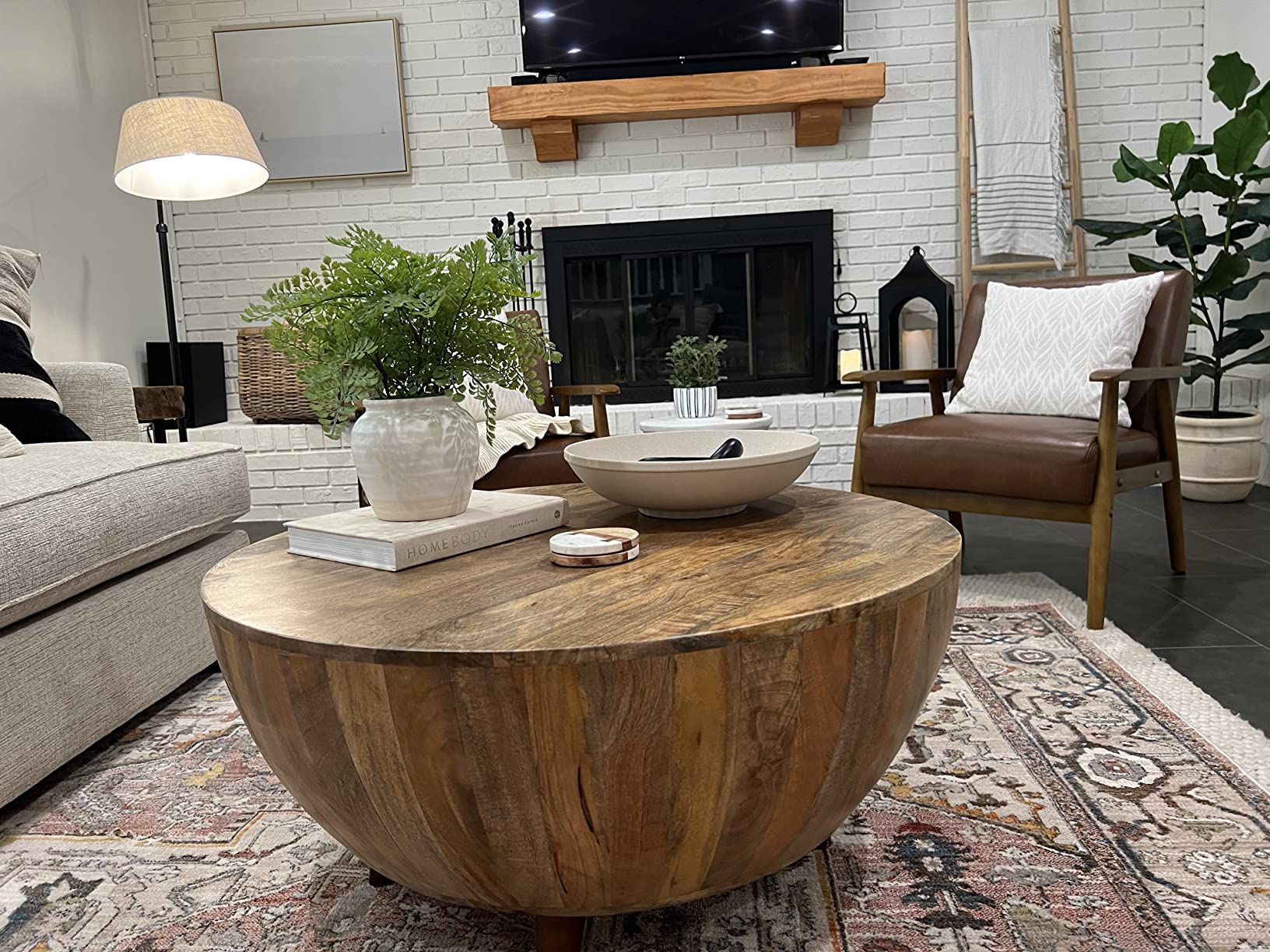 【Furniture】Drum Shape Wooden Coffee Table with Plank Design Base, Brown