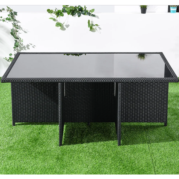 【Furniture】7-Piece Rattan Dining Set Outdoor Conversation Set with Glass-Top Rectangle Table and 6 Barrel Chair Cushion Included
