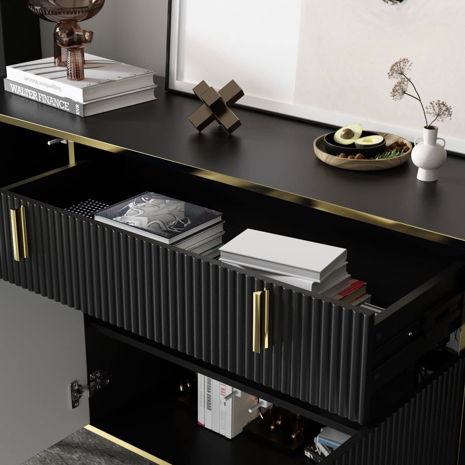 【Furniture】Modern Credenza Sideboard Buffet with Drawer & Pop-Up Doors, Buffet Sideboard Storage Cabinet
