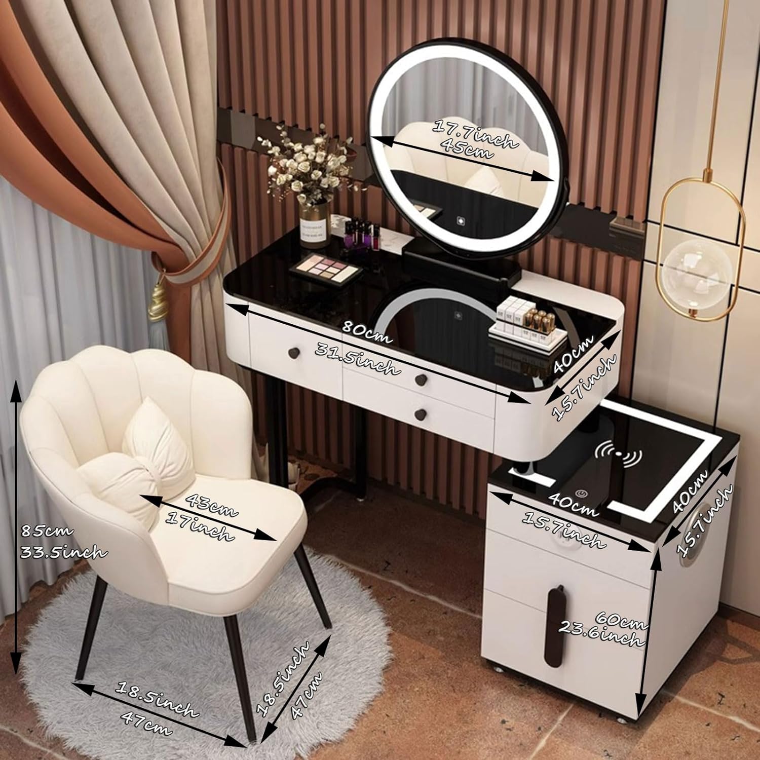 GOOCOO Dressing Table - Makeup Vanity Desk with Wireless Charging Station and Bluetooth Speaker - Vanity Set Contains Makeup Mirror, 5 Drawers and Makeup Stool for Bedroom